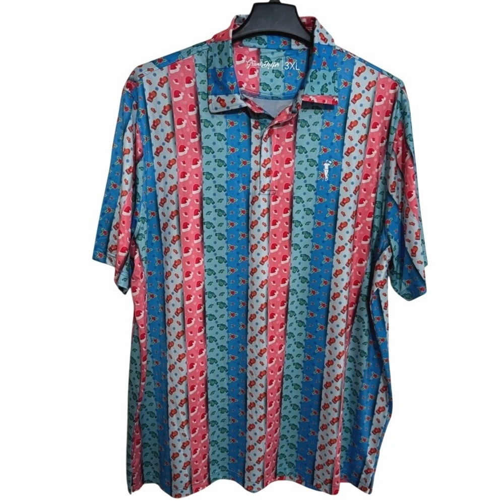 Grunk Dolfer Polo Golf Shirt Mens 3XL‎ Multi Christmas AOP Performance striped